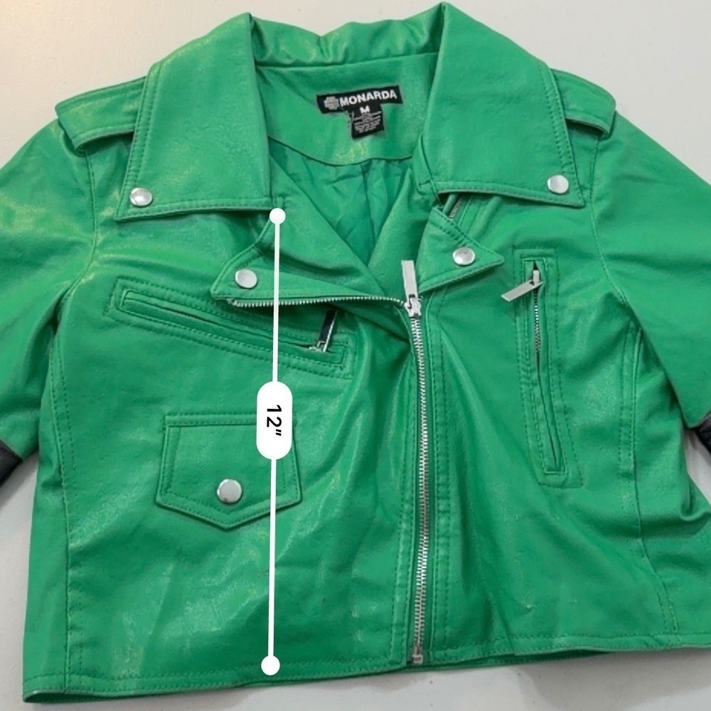 Monarda Womens‎ Green Faux Leather Festival Cropped Moto Jacket Size M
